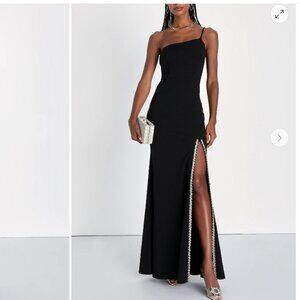 LULUS One-Shoulder Black Formal Dress with Rhinestone Trim